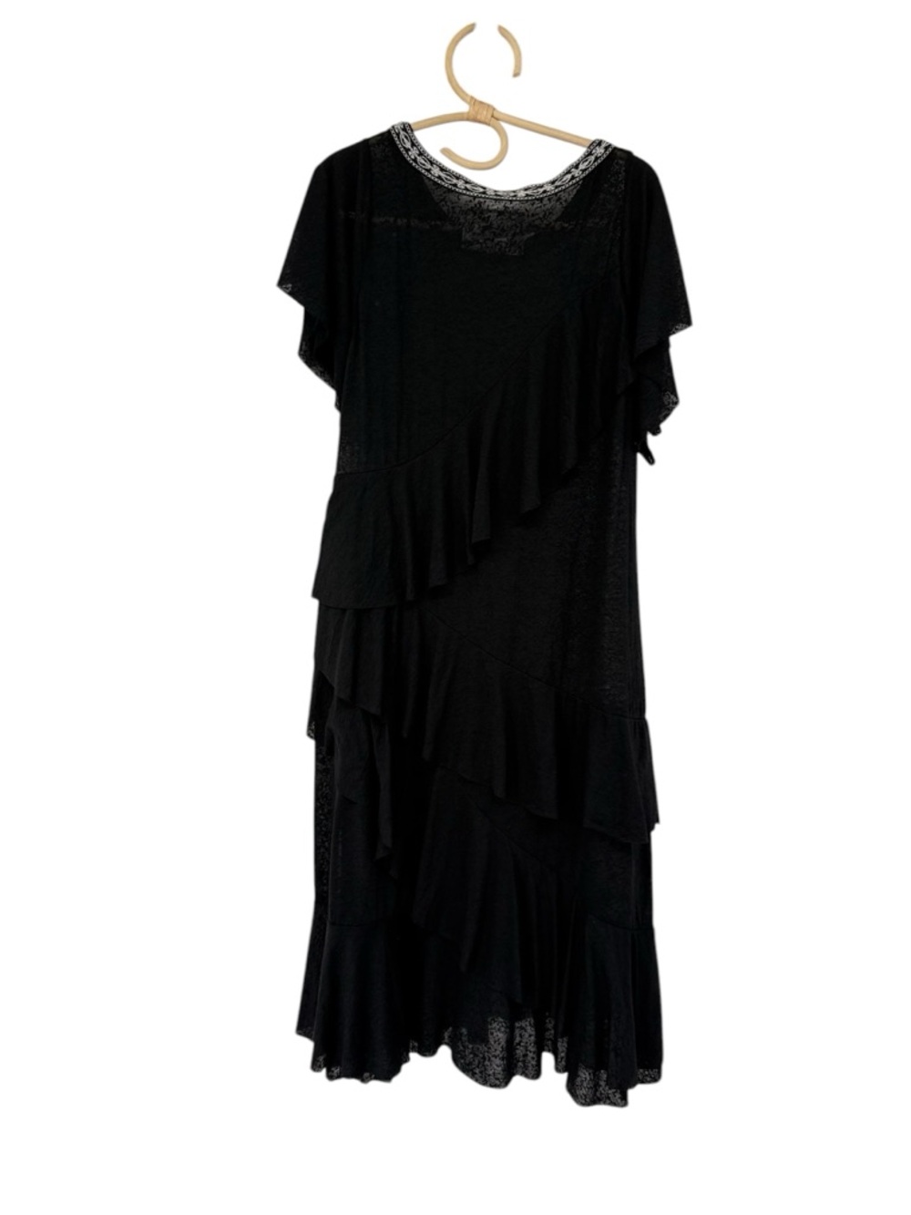 Pitusa Black Ruffle Dress Embroidered Neck Boho Tiered Sheer Peru Size S/M - Picture 9 of 16